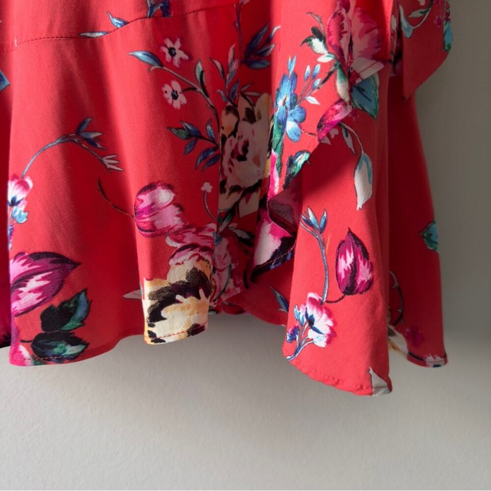 Express Floral Mini Faux Rap Dress adjustable spaghetti straps tropical ruffle M - Picture 14 of 15